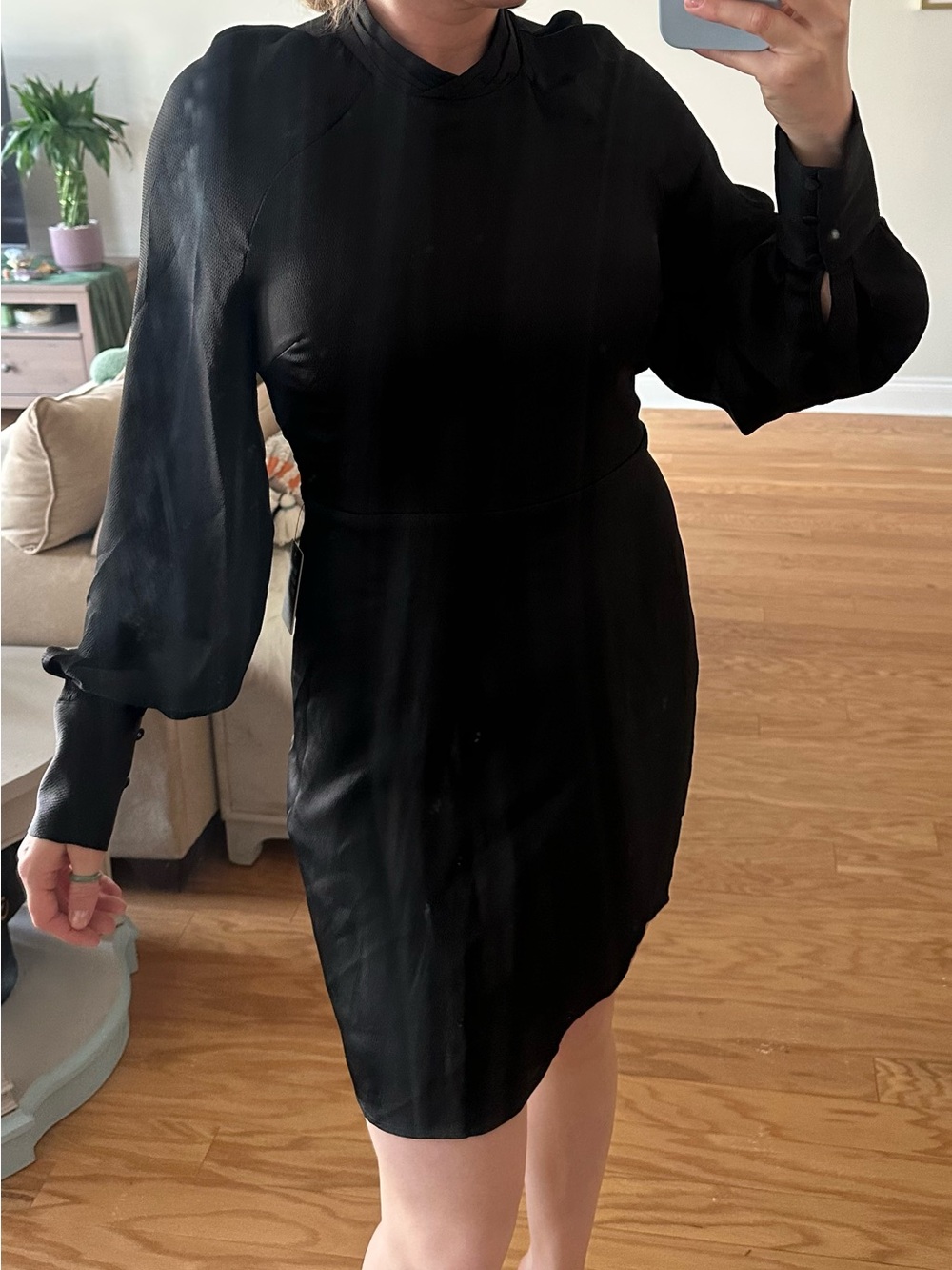 Express Black Satin Mini Dress – High Neck Balloon Sleeve – Size M (NWT)